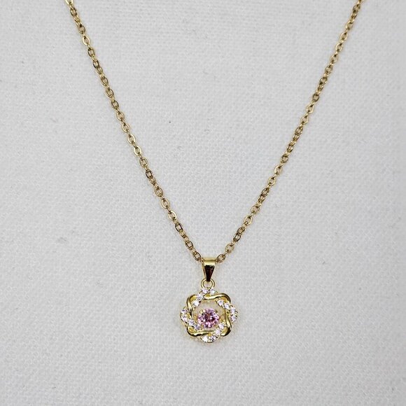 Simulated Pink Diamond Gold Tone New 14K Over Sterling Silver Pendant Necklace - Picture 1 of 8